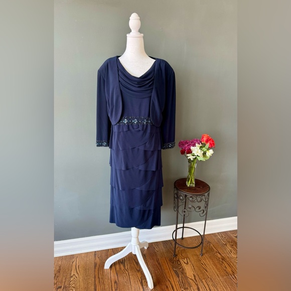 Alex Evenings formal short navy dress with jacket and beaded trim, size 22W - Picture 1 of 7